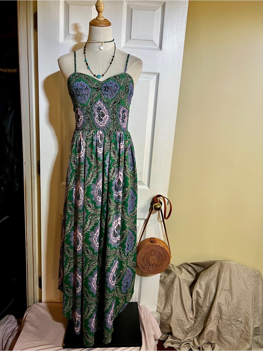 THML Wms Green Pink Paisley Floral Smocked Pleated Asymmetric Hem Maxi Dress S